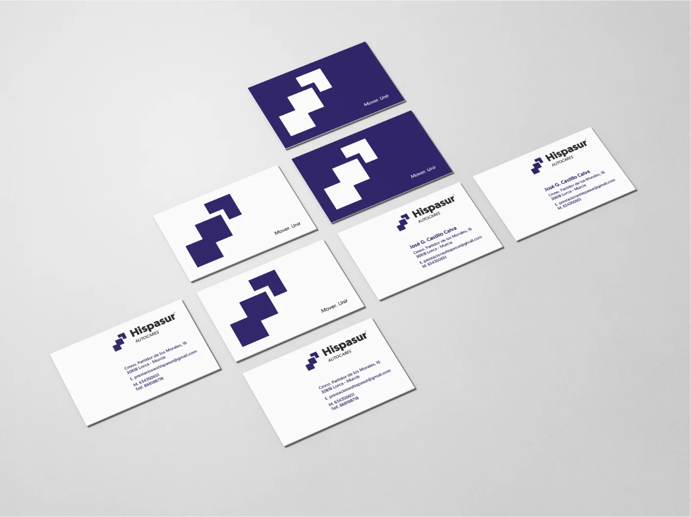 Tarjetas de visita de la marca hispasur, tanto la tarjeta de empresa como el modelo de tarjeta para personas